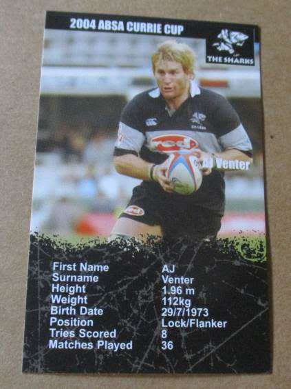 AJ VENTER   - SHARKS RUGBY - 2004 RUGBY CURRIE CUP - SUPERSPORT COLLECTOR`S CARD