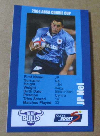 JP NEL   - BLUE BULLS RUGBY - 2004 RUGBY CURRIE CUP - SUPERSPORT COLLECTOR`S CARD