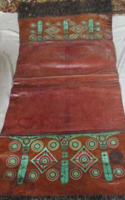 VINTAGE TAUREG HANDCRAFTED LEATHER CAMEL EYE RUNNER \RUG FROM OLD AFRICAN DESERT RARE FIND
