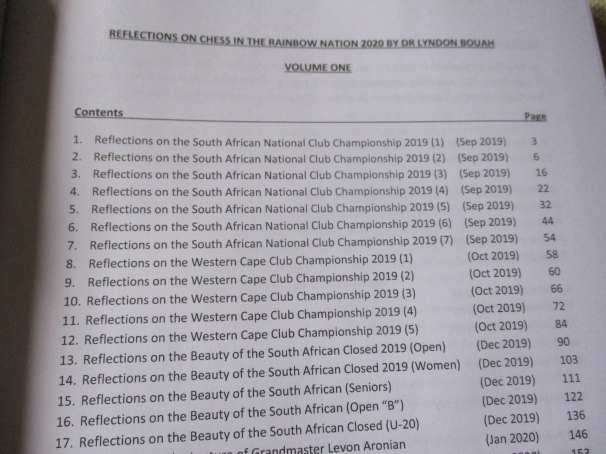 REFLECTIONS ON CHESS IN THE RAINBOW NATION 2020 VOLUME 1 -  Dr LYNDON BOUAH ( SIGNED )