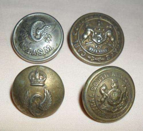 BUTTONS x 4 ( N.Z.A.S.M. , CAPE GOVERNMENT RAILWAYS , CENTRAL SOUTH AFRICAN RAILWAYS )