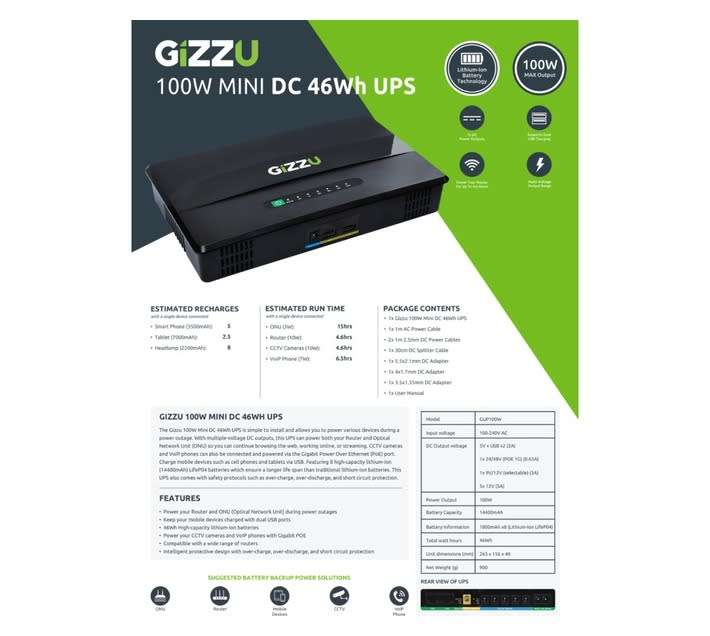Gizzu 100W DC 46Wh Mini UPS - Black ( Open Box Item ) | Barcode: 6009710152188