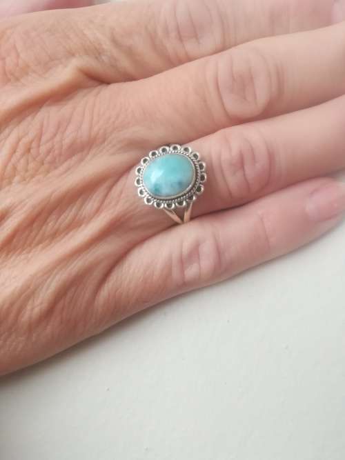 HANDCRAFTED NATURAL DOMINICAN LARIMAR GEMSTONE RING IN 925 STERLING SILVER SETTING