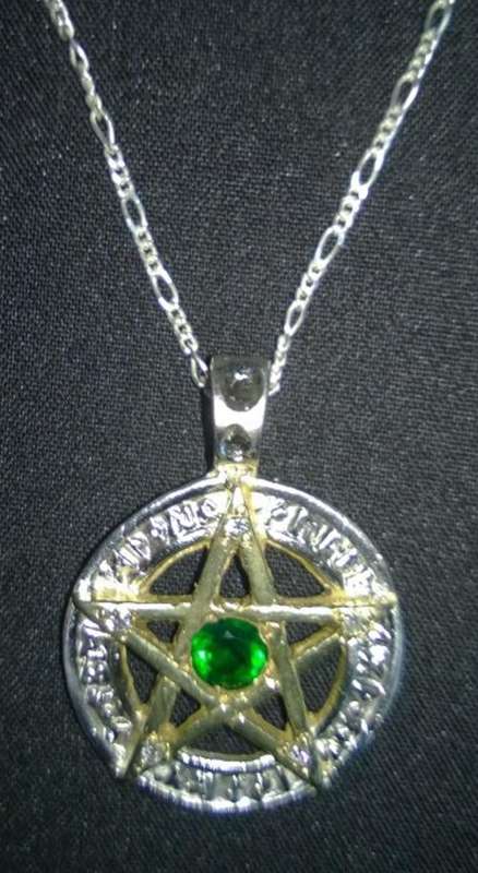 Sterling Silver Pentacle Pendant with Diamonds and Green Agate