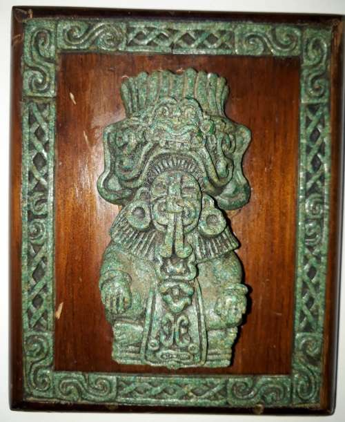 RARE Two Pieces of Zarebski 3D Mayan Aztec Art, in Malachite Resin and Walnut Wood