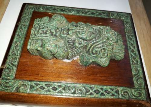 RARE Two Pieces of Zarebski 3D Mayan Aztec Art, in Malachite Resin and Walnut Wood