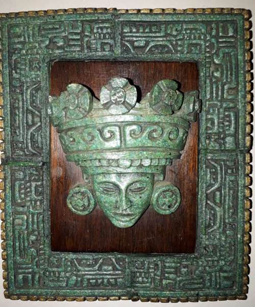 RARE Two Pieces of Zarebski 3D Mayan Aztec Art, in Malachite Resin and Walnut Wood