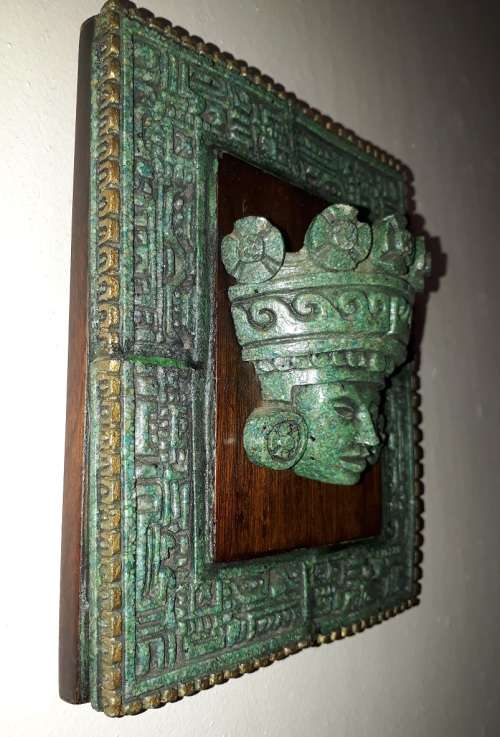 RARE Two Pieces of Zarebski 3D Mayan Aztec Art, in Malachite Resin and Walnut Wood