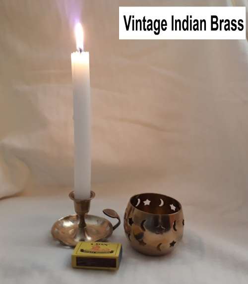Vintage Hand crafted Set Candle Holders Heart Design Brass Religious Diya and Moon Stars for Home De