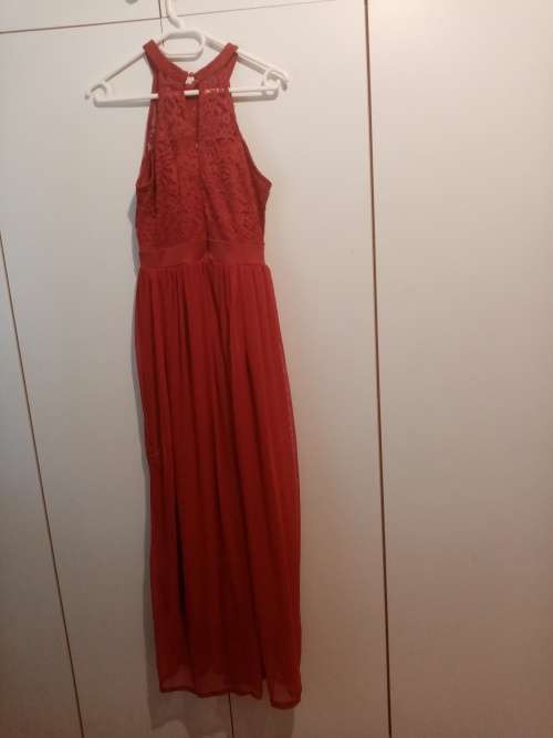 Red halterneck evening dress L