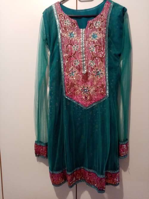 Turquoise sequenced net Punjab suit with dress, pants and scarf size 34-36 as new