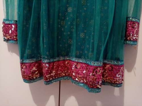 Turquoise sequenced net Punjab suit with dress, pants and scarf size 34-36 as new