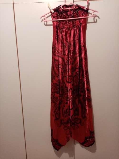 Chinese satin paisley print boob tube dress with elasticated back and handkerchief hemline 6 as new