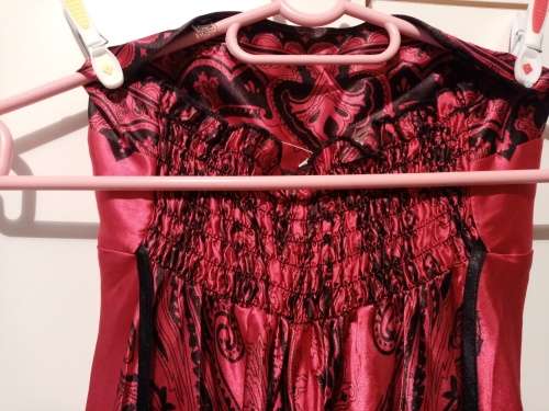 Chinese satin paisley print boob tube dress with elasticated back and handkerchief hemline 6 as new