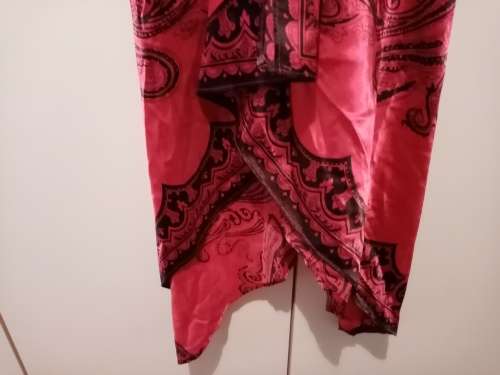 Chinese satin paisley print boob tube dress with elasticated back and handkerchief hemline 6 as new