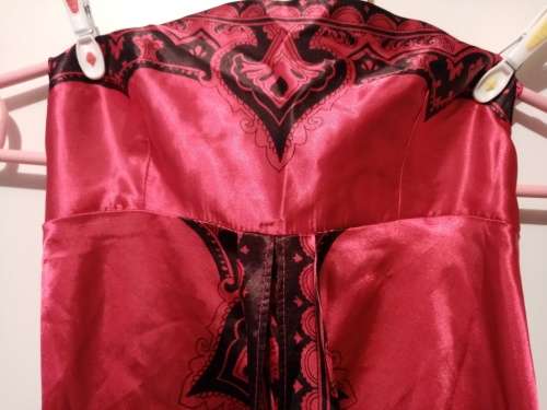 Chinese satin paisley print boob tube dress with elasticated back and handkerchief hemline 6 as new