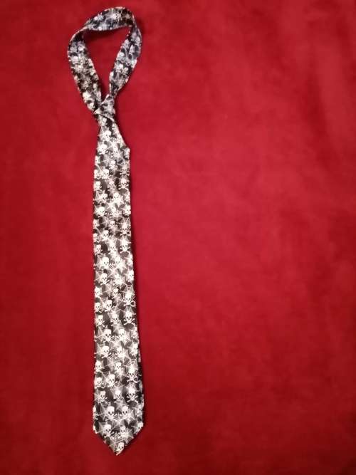 Black and white satin unisex tie with skull and web design