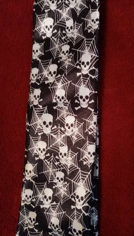 Black and white satin unisex tie with skull and web design