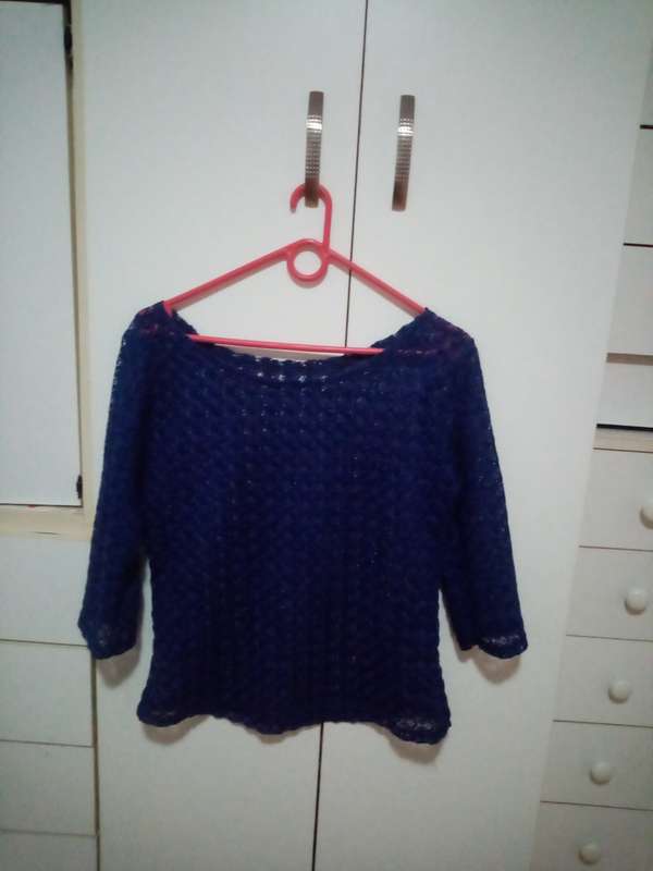 Blue vintage lace patterned see through top