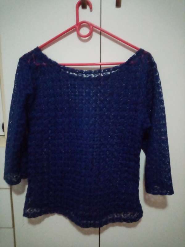 Blue vintage lace patterned see through top
