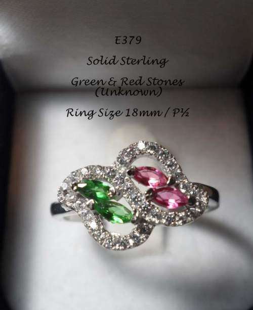SOLID STERLING SILVER WITH RED & GREEN STONES & CLEAR STONE ACCENTS