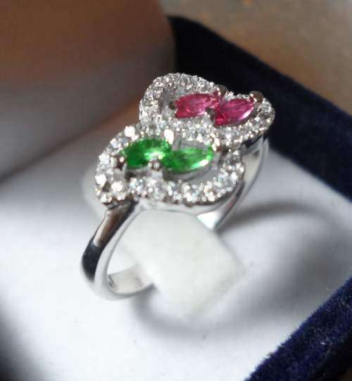 SOLID STERLING SILVER WITH RED & GREEN STONES & CLEAR STONE ACCENTS