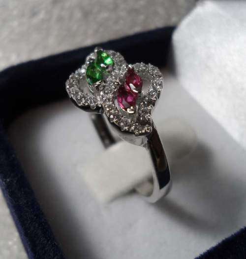 SOLID STERLING SILVER WITH RED & GREEN STONES & CLEAR STONE ACCENTS