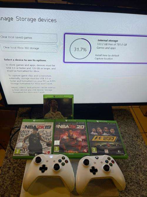 XBOX BOX ONE S 1TB 1681 WITH 2 CONTROLLERS and 4 GAMES