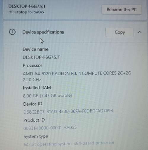 HP 15-BW0XX Amd A6-9220 Notebook, 8GB RAM, 500GB HDD, Windows 11 Pro