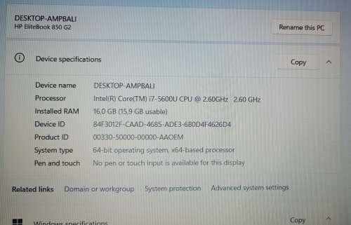 HP EliteBook 850 G2, Intel i7-5600U@2.6GHz, 16GB RAM, 500GB HDD, Windows 11 Pro