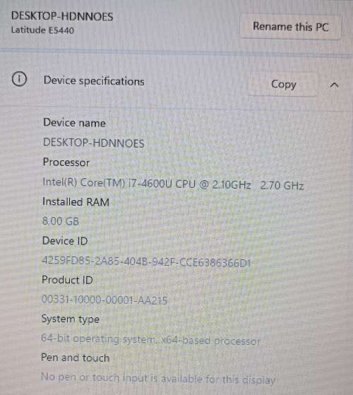 Dell Latitude E5440, Intel i7-4600U@2.7GHz, 8Gb RAM, Samsung 256Gb SSD, Windows 11 Pro