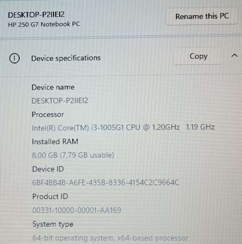 HP 250 G7 Laptop - 10th Gen Intel Core i3-1005G1, 8Gb memory 256Gb Samsung SSD
