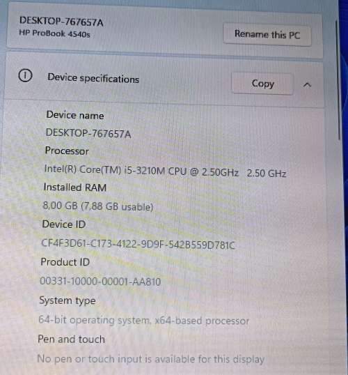 HP ProBook 4540s, Intel Core i5-3210M @2.5GHz processor, 8Gb Memory, 700GB HDD, Windows 11