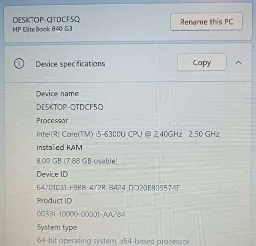 HP EliteBook 840 G3, Intel i5-6300U @2.4GHz, 8GB Memory, WD 500GB HDD, Windows 11