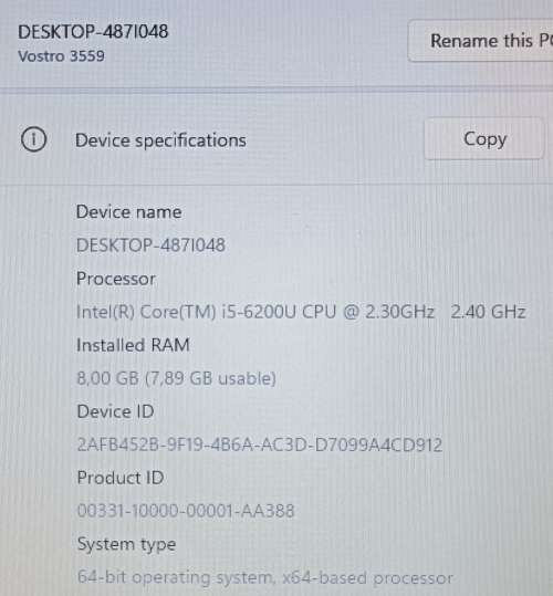Dell Vostro 3559, Intel i5-6200U @2.3GHz, 8GB RAM, Seagate 500GB HDD, Windows 11 Pro