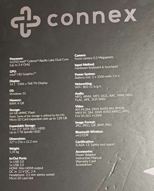New in Box Connex SwiftBook Pro, Intel N3350 Celeron @2.4GHz Turbo, 4GB RAM, 64GB eMMC SSD