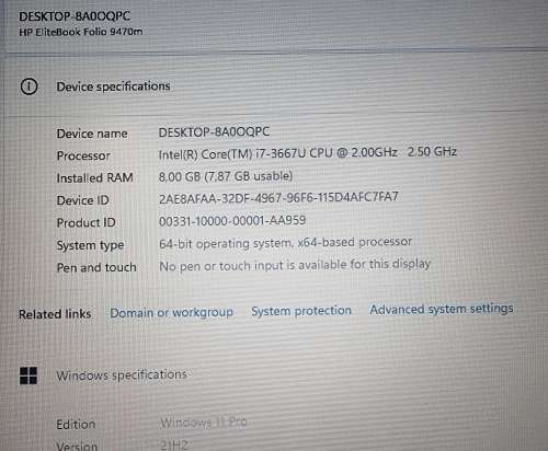 HP EliteBook Folio 9470M, Intel i7-3663U@2.5GHz, 8GB Memory, 256GD SSD, 64GB mSATA SSD, Windows 11