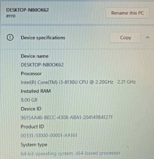 Lenovo V15-IKB, 8th Gen Intel Core i3-8130U@3.40 GHz,8GB DDR4, 256GB m.2 SSD, 15.6-inch (1366x768)