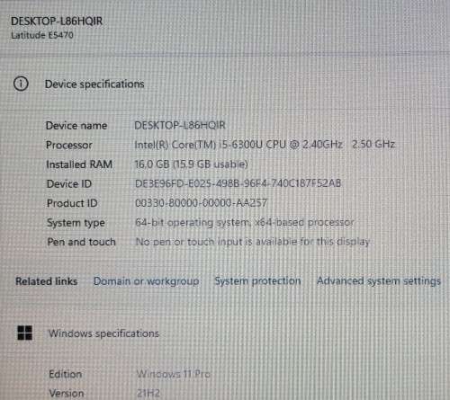 Dell Latitude E5470, Intel i5-6300U@2.4GHz, 16GB Memory, Samsung 256GB m.2 SSD, Windows11Pro
