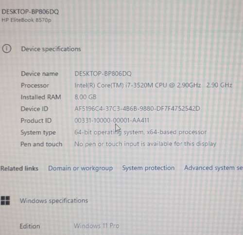 HP EliteBook 8570p, i7-3520M@2.9GHz, Radeon HD7570M Graphics, 8GB RAM,. 500GB HDD, Win 11Pro