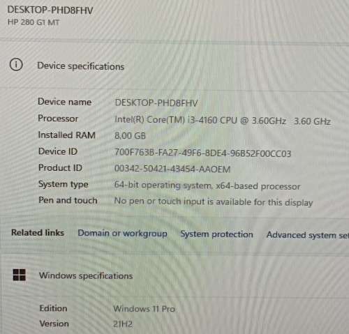 HP 280 G1 MT Business PC, Intel i3-4160@3.6GHz, 8GB RAM, 500GB HDD, AOC 23` FHD monitor, Windows 11