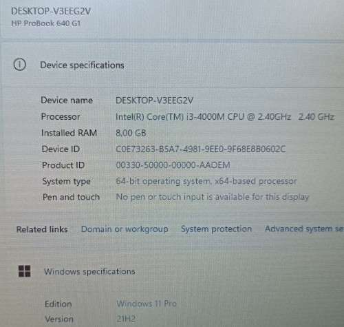 HP ProBook 640 G1, Intel i3-4000M@2.4GHz, 8GB RAM, 500GB HDD, 14` 1600x900 HD Display, Win 11