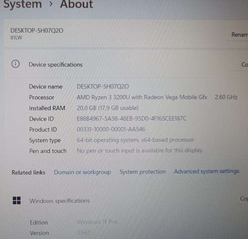 Lenovo IdeaPad L340-15API, Ryzen 3-3200U@2.6GHz, Radeon Vega Graphics, 20GB RAM, 512GB M.2 SSD