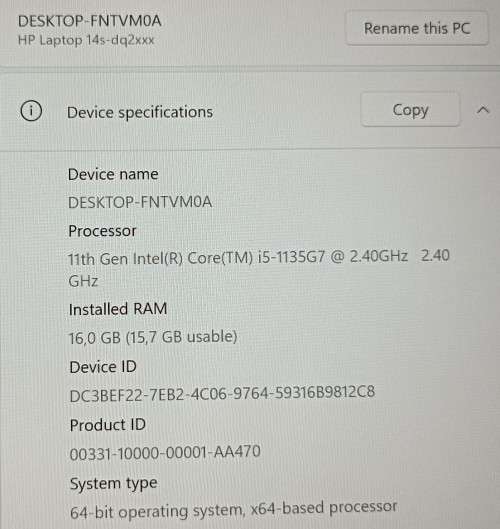 HP 14s-dq2xxx, 11th Gen Core i5-1135G7@2.4GHz, 14` FHD LED Display, 16GB RAM. 512GB Samsung NVMe SSD