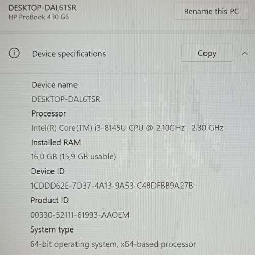 HP ProBook 430 G6, 8th Gen i3-8145U@2.1GHz,16GB RAM, 256GB m.2 SSD,13.3` FHD LED Display, Windows 11