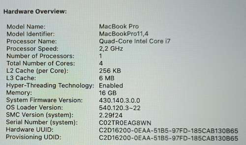 MacBook Pro A1398, i7 Quad Core processor, 16GB RAM, 250GB SSD, 15.4` Retina 2880x1800 display