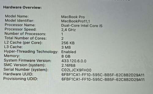 MacBook Pro 13 Retina, A1502, i5 processor@2.4GHz, 8GB RAM, 256GB SSD, MacOS Big Sur