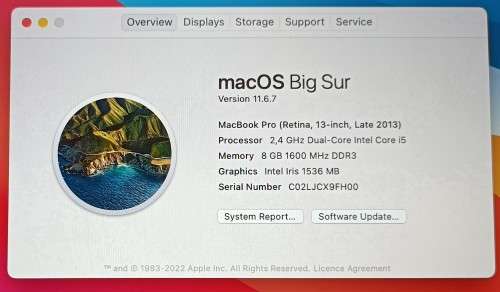 MacBook Pro 13 Retina, A1502, i5 processor@2.4GHz, 8GB RAM, 256GB SSD, MacOS Big Sur