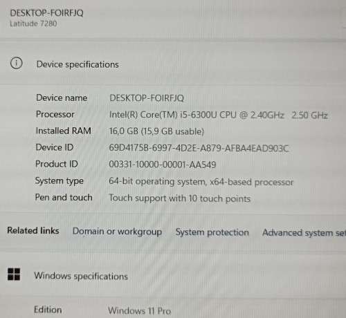 Dell Latitude E7280 Touchscreen UltraBook, Intel i5-6300U@2.5GHz, 16GB RAM, 256GB m.2 SSD, Win 11