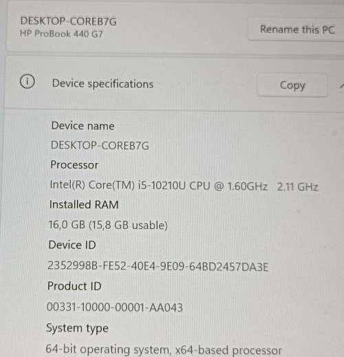 HP ProBook 440 G7, 10th Gen Intel i5-10210U@1.6GHz, 16GB RAM, 500GB HDD, 14` FHD Display, Windows 11